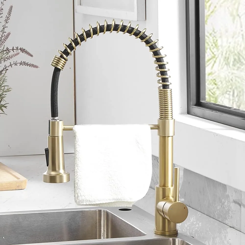 OWOFAN Kitchen Faucets with Pull Down Sprayer 304 Stainless Steel Industrial Single Handle One Hole Faucet for Farmhouse Camper Laundry Utility Rv Wet Bar Sinks Gold 9009K