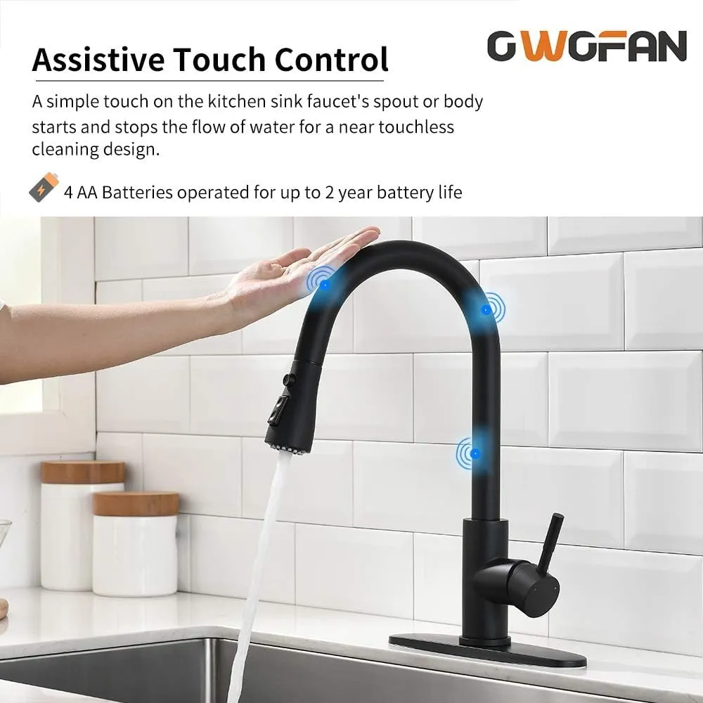 OWOFAN Touch on Kitchen Faucet Smart Kitchen Sink Faucet with Pull Down Sprayer Kitchen Bar Sink Faucet Stainless Steel Black 68-1068R