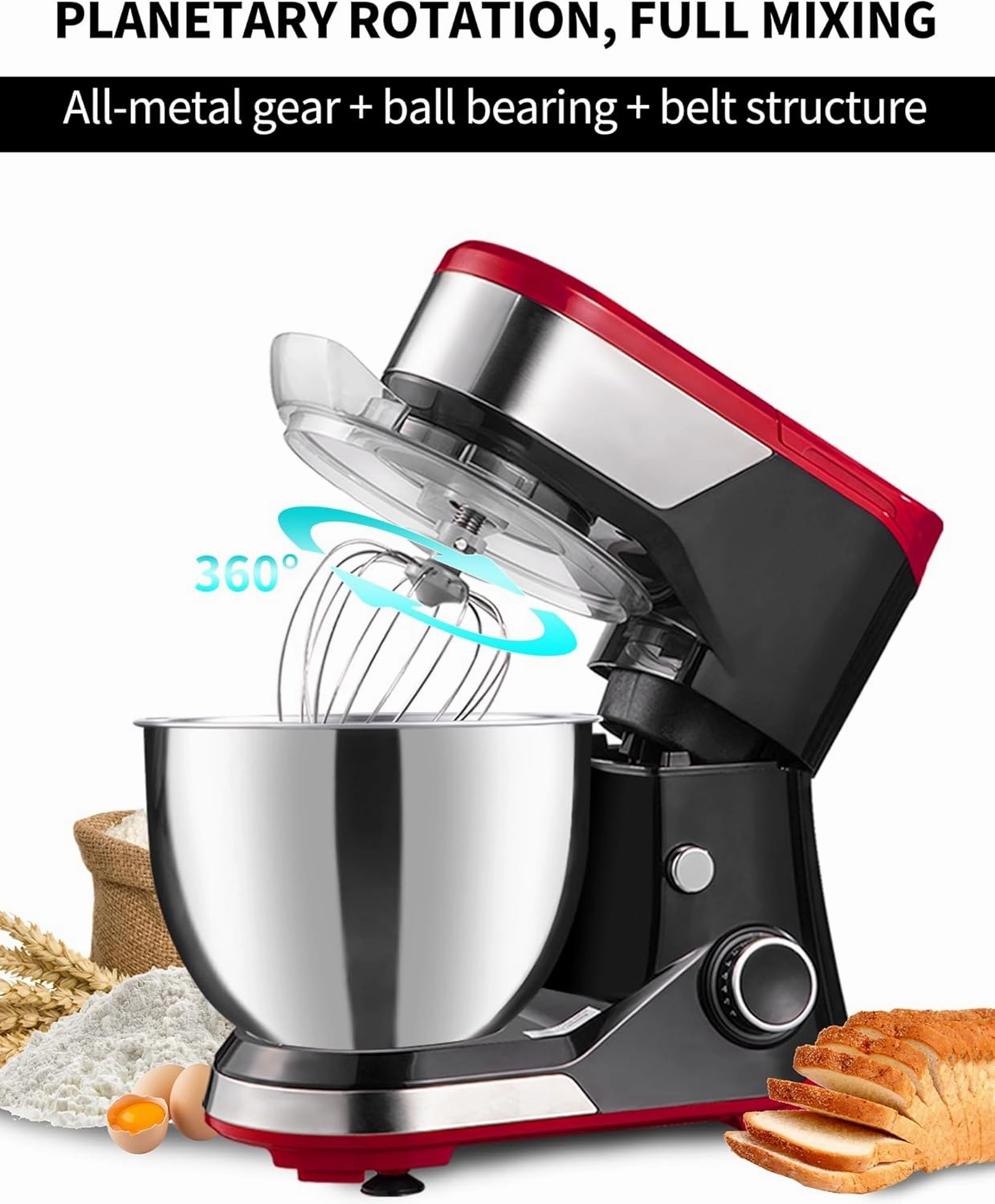 P'RICH Stand Mixer，8-Speed 600W Tilt-Head Electric Stand Mixer，3-In-1 Kitchen Mixer with Bowl, Dough Hook, Whisk and Beater, Food Mixer for Baking, Cake and Most Home Cooks,Red