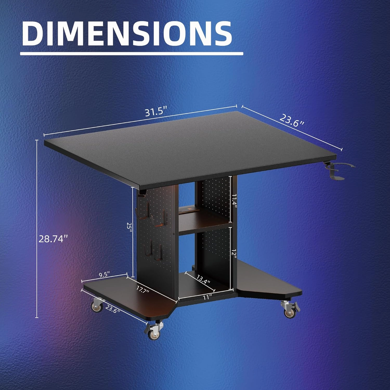 Pamray Small Rolling Gaming Desk with Led Lights Power Outlets and Storage Pegboard, Small Spaces Compact PC Computer Table Balck