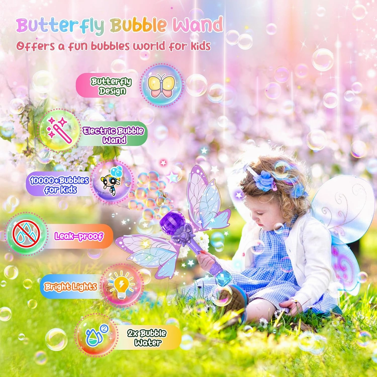PANACARE Bubble Wand for Kids Girls Butterfly Bubble Wand Light Up Automatic Bubble Machine Blower Maker Wands with Bubble Solution,10000  Bubbles/Min for Toddlers Outdoor Party Toys Birthday Gift