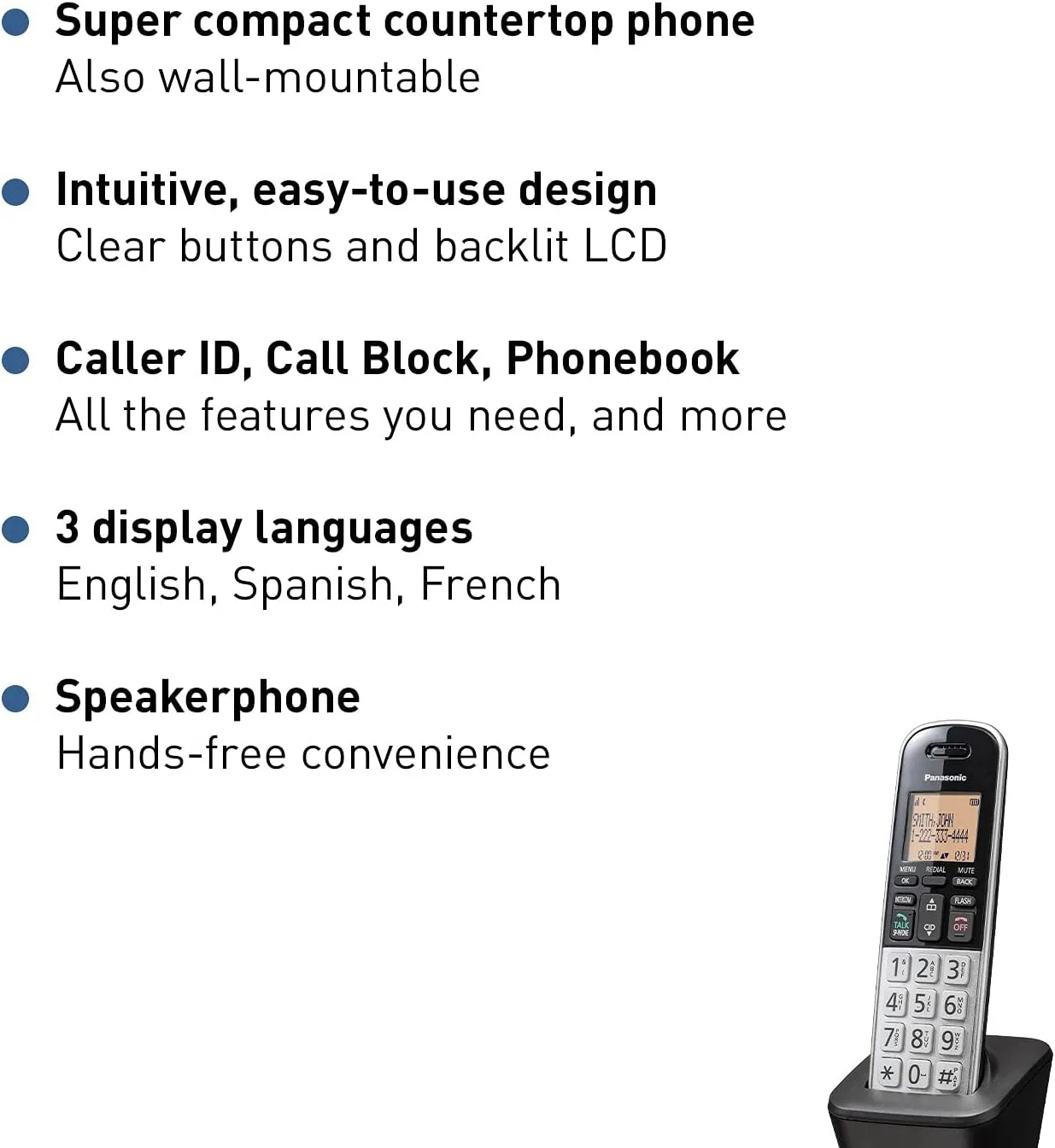 Panasonic Compact Cordless Phone with DECT 6.0, 1.6" Amber LCD and Illuminated HS Keypad, Call Block, Caller ID, Multiple Display Languages - 1 Handset - KX-TGB810S (Black/Silver)