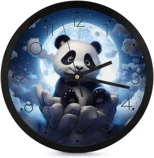 Panda Admiring The Moon Wall Clock 10 Inch Silent Non-ticking Battery Operated Decorative Clock for Kitchen Bedroom
