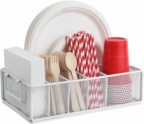 Paper Plate Dispenser with Handle, Metal Paper Plate Holders for Kitchen Counter, Utensil Holder Organizer with 6 Compartments, Silverware Holder Caddy for Cup Fork Napkin Party Camping-White