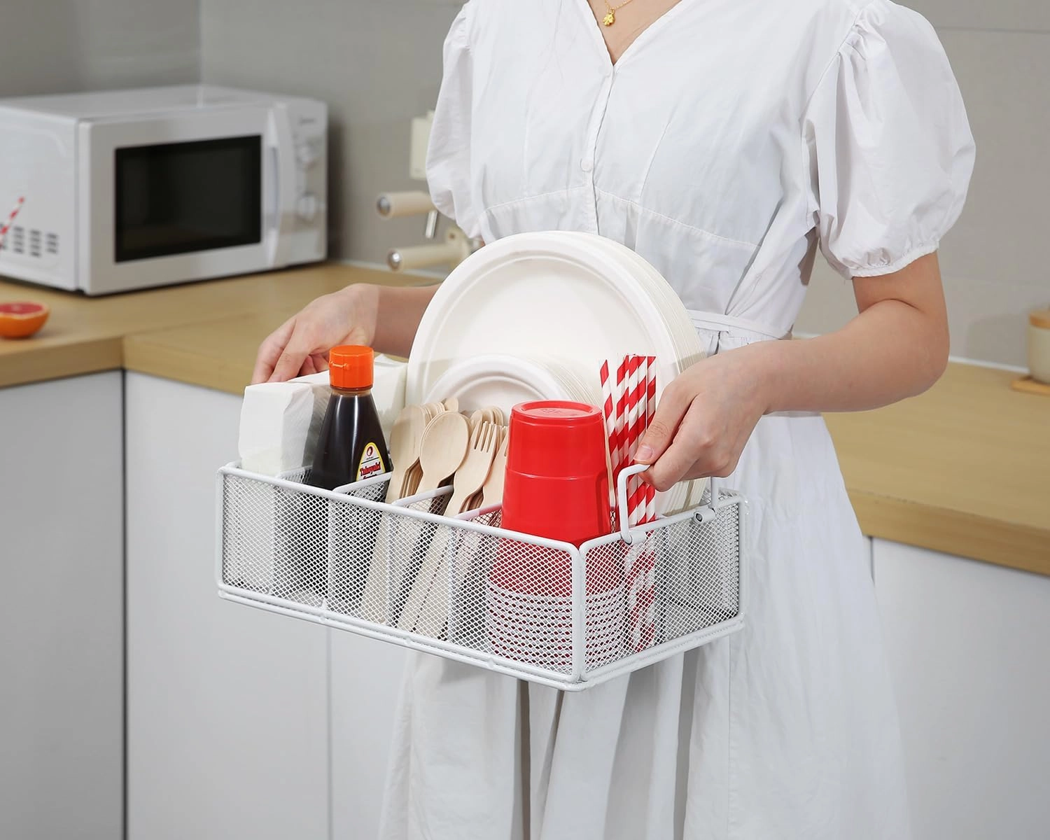 Paper Plate Dispenser with Handle, Metal Paper Plate Holders for Kitchen Counter, Utensil Holder Organizer with 6 Compartments, Silverware Holder Caddy for Cup Fork Napkin Party Camping-White
