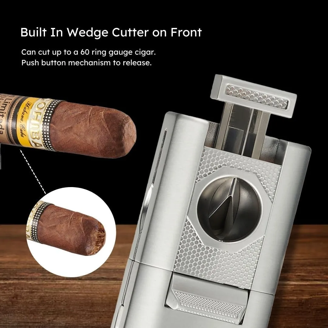 Personalized Visol Joplin Quad Torch Multi-Tool Table Lighter, Built in Guillotine and Wedge Cutters, Butane Refillable Adjustable Flame Lighter (Shipped Without Butane) with Free Engraving (Silver)