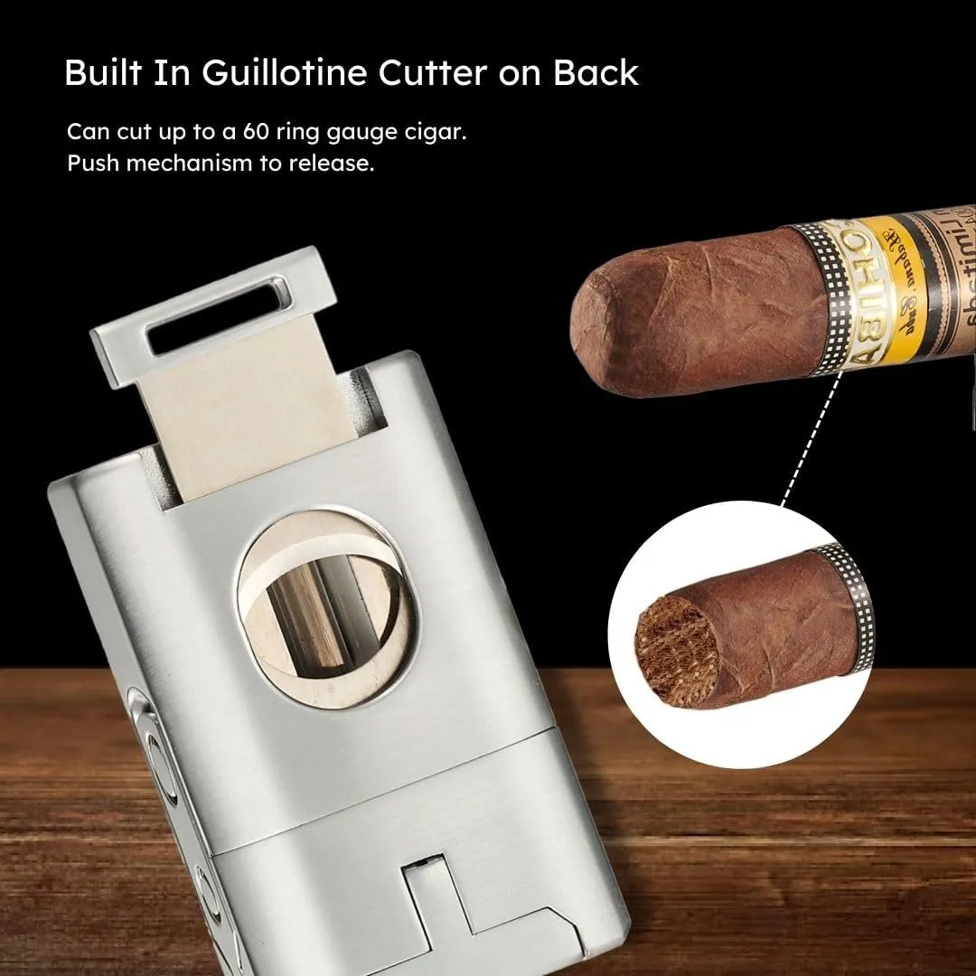 Personalized Visol Joplin Quad Torch Multi-Tool Table Lighter, Built in Guillotine and Wedge Cutters, Butane Refillable Adjustable Flame Lighter (Shipped Without Butane) with Free Engraving (Silver)