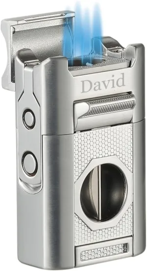 Personalized Visol Joplin Quad Torch Multi-Tool Table Lighter, Built in Guillotine and Wedge Cutters, Butane Refillable Adjustable Flame Lighter (Shipped Without Butane) with Free Engraving (Silver)