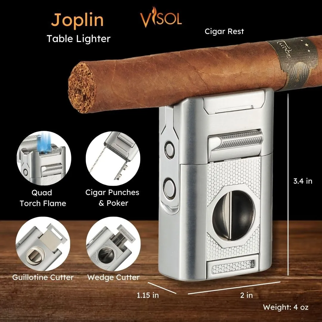 Personalized Visol Joplin Quad Torch Multi-Tool Table Lighter, Built in Guillotine and Wedge Cutters, Butane Refillable Adjustable Flame Lighter (Shipped Without Butane) with Free Engraving (Silver)