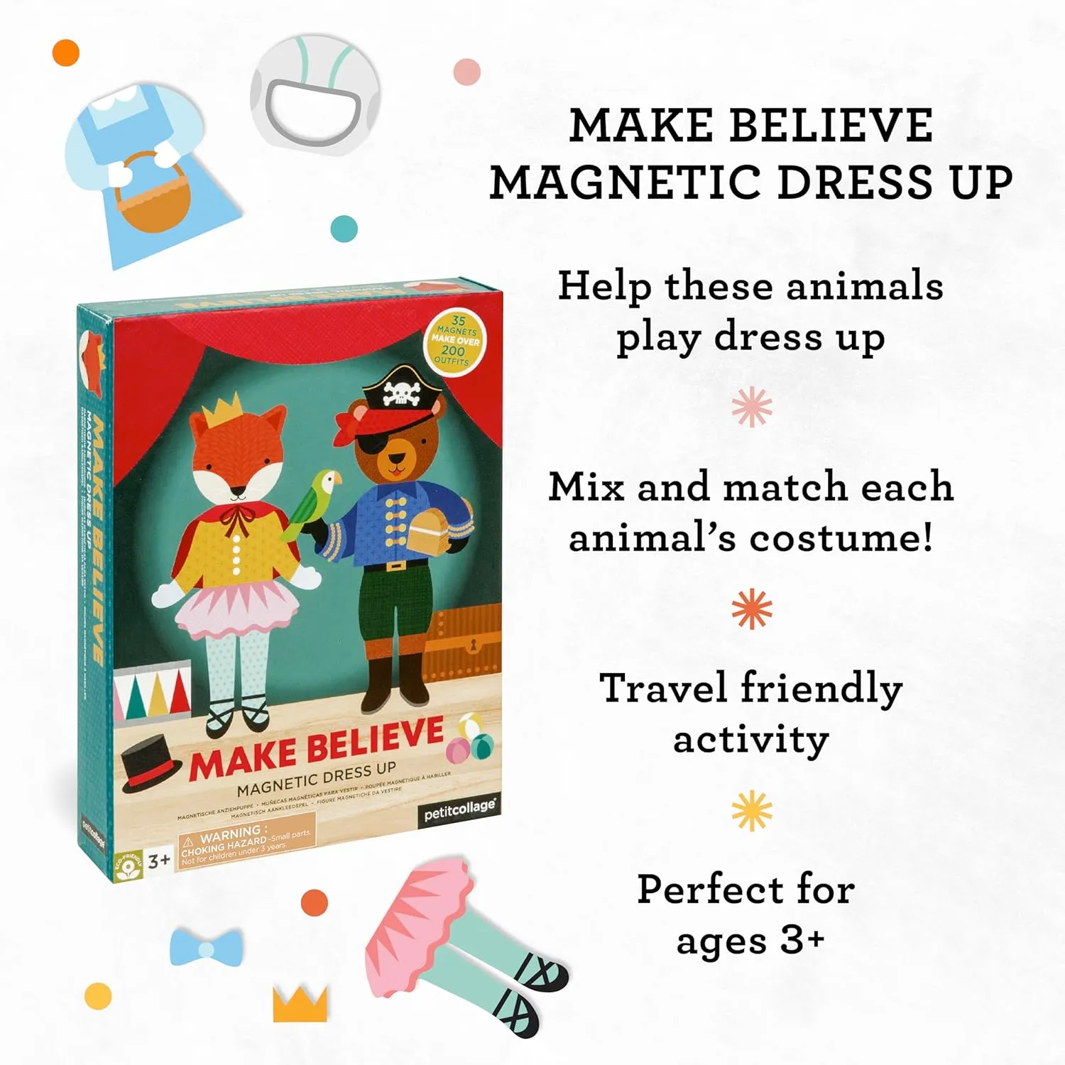 Petit Collage Magnetic Dress Up, Make-Believe Animal Costumes – Game Board with Mix and Match Pieces, Ideal for Ages 3  – Includes 2 Dolls and 35 Creative Magnetic Pieces