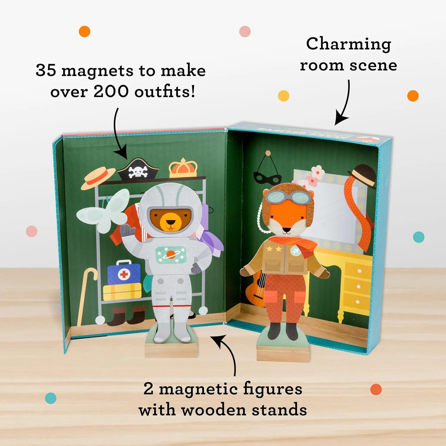 Petit Collage Magnetic Dress Up, Make-Believe Animal Costumes – Game Board with Mix and Match Pieces, Ideal for Ages 3  – Includes 2 Dolls and 35 Creative Magnetic Pieces