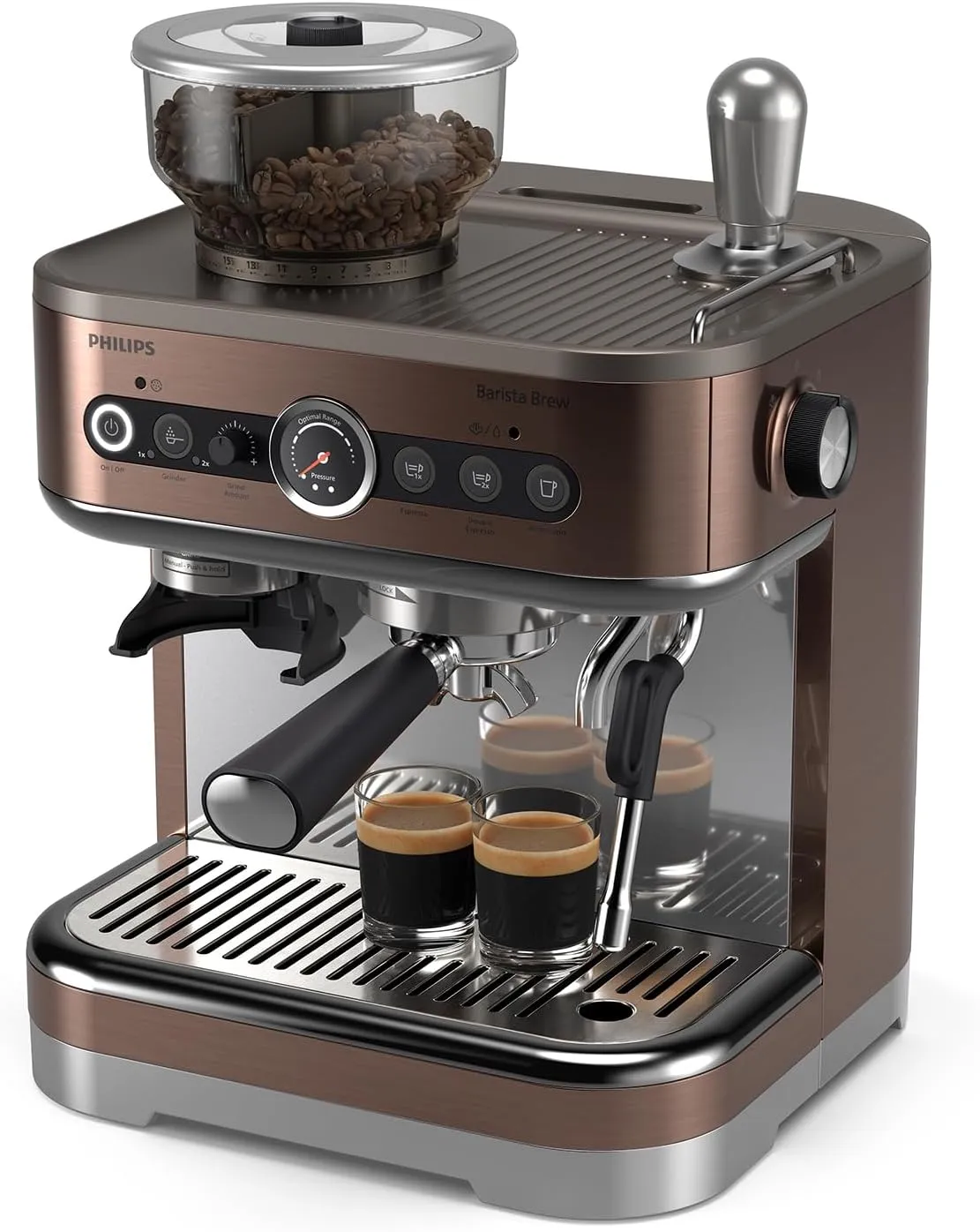PHILIPS Barista Brew Semi Automatic Espresso Machine - Single & Double Espresso   Americano Button, 280g Dual Bean Container   Grinder, Intuitive Guidance, Calibrated Tamping, Metal Cappuccino