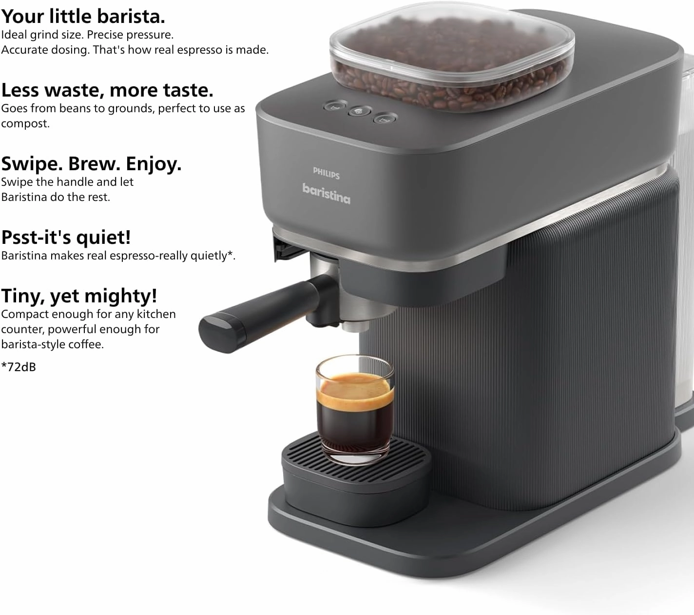 PHILIPS Baristina Espresso Machine, Grind, Tamp & Brew Coffee Beans in One Swipe, Compact, 16 Bar Pump Pressure, Automatic Grinder, Black with Black Portafilter (BAR300/60)