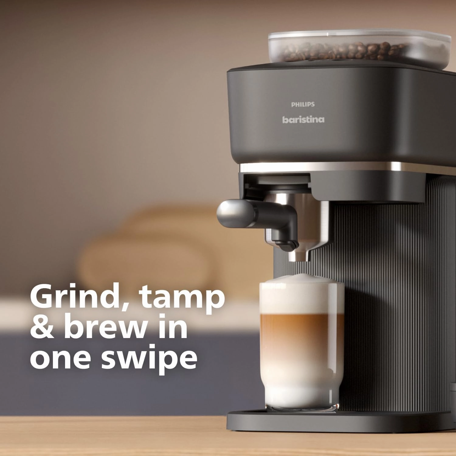 PHILIPS Baristina Espresso Machine, Grind, Tamp & Brew Coffee Beans in One Swipe, Compact, 16 Bar Pump Pressure, Automatic Grinder, Black with Black Portafilter (BAR300/60)