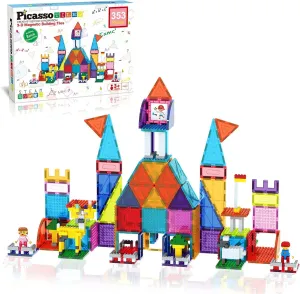 PicassoTiles 300pc Magnet Tiles   Magnetic Brick and Tile Combo Set, Master Builder Magnetic Building Block w/ 3 in 1 Playboard, 353pc Magnetic Brick Tile and Magnetic Tile, Action Figures, STEM Toys