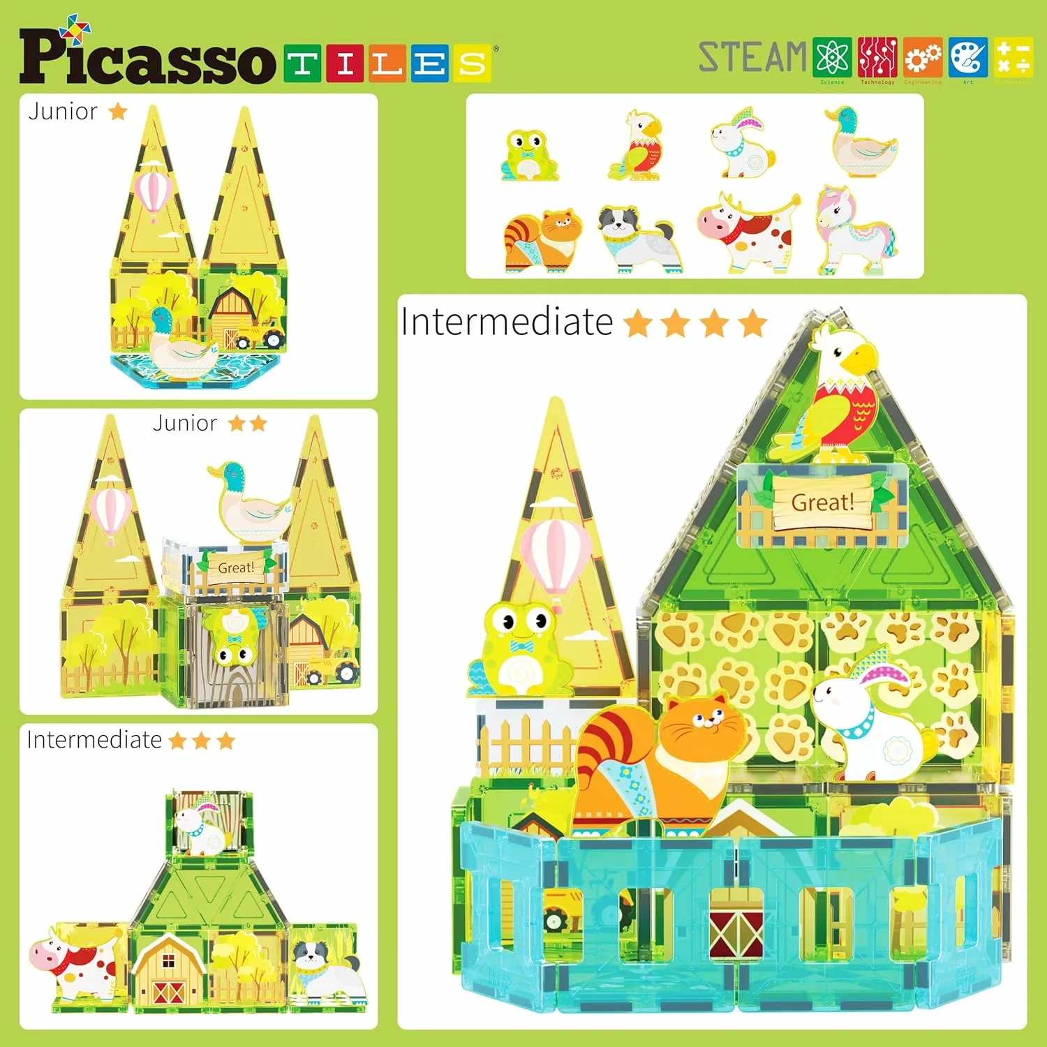 PicassoTiles Magnet Tile Building Blocks Farm Animal Toy Set with 8 Character Action Figures Magnetic Tiles STEM Learning Kit Playset Educational Pretend Play Preschool Toddler Child Kid Age 3  PTQ17