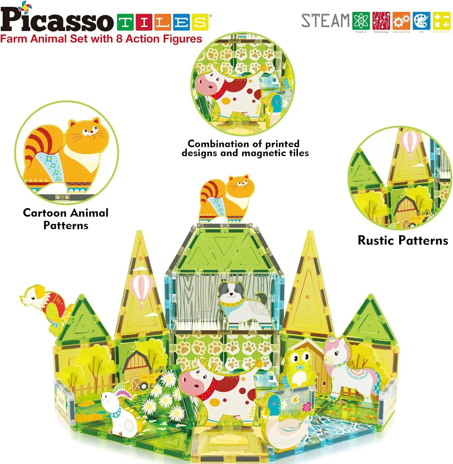 PicassoTiles Magnet Tile Building Blocks Farm Animal Toy Set with 8 Character Action Figures Magnetic Tiles STEM Learning Kit Playset Educational Pretend Play Preschool Toddler Child Kid Age 3  PTQ17