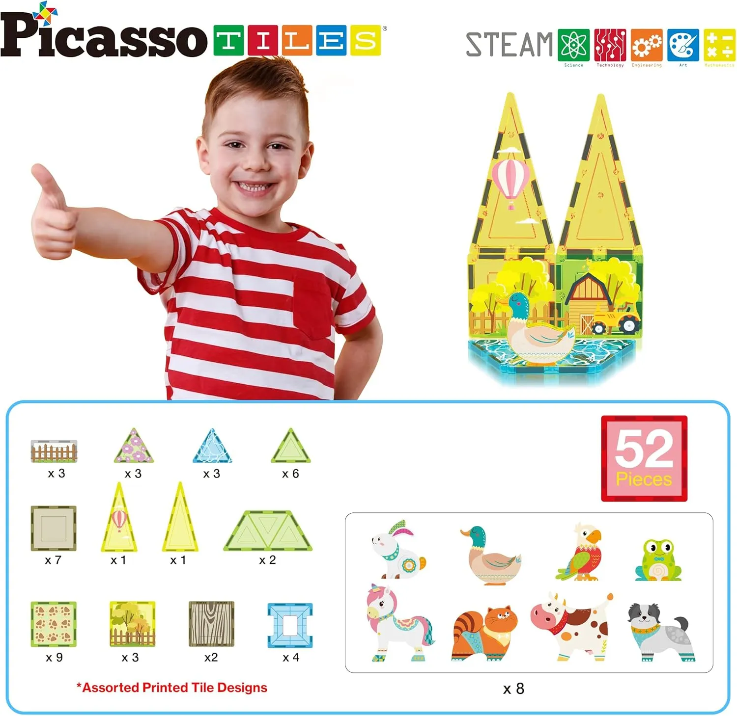 PicassoTiles Magnet Tile Building Blocks Farm Animal Toy Set with 8 Character Action Figures Magnetic Tiles STEM Learning Kit Playset Educational Pretend Play Preschool Toddler Child Kid Age 3  PTQ17