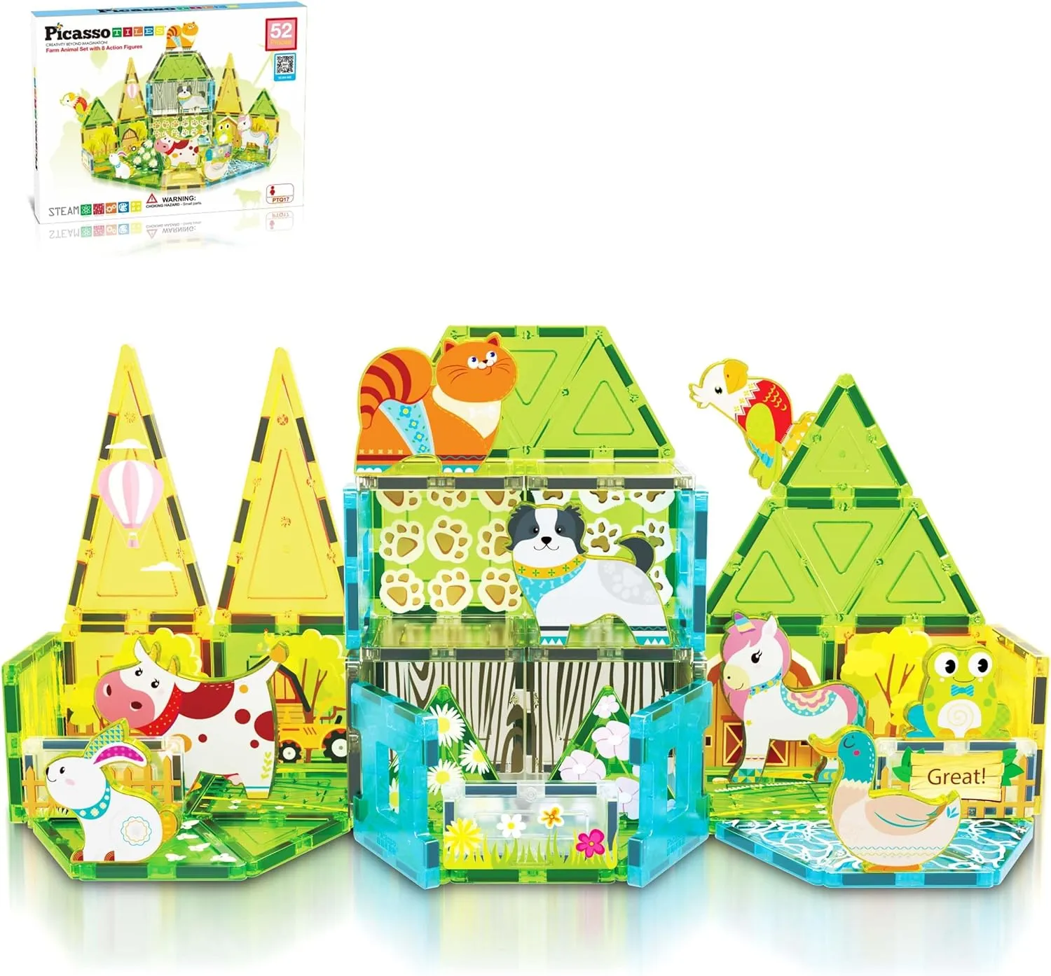 PicassoTiles Magnet Tile Building Blocks Farm Animal Toy Set with 8 Character Action Figures Magnetic Tiles STEM Learning Kit Playset Educational Pretend Play Preschool Toddler Child Kid Age 3  PTQ17