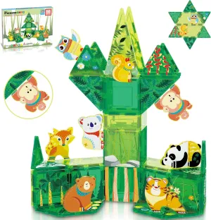 PicassoTiles Magnet Tile Building Blocks Forest Animal Theme Toy Set with 8 Character Action Figures Educational STEM Learning Construction Kit Pretend Play Magnetic Tiles Preschool Kids Ages 3  PTQ16