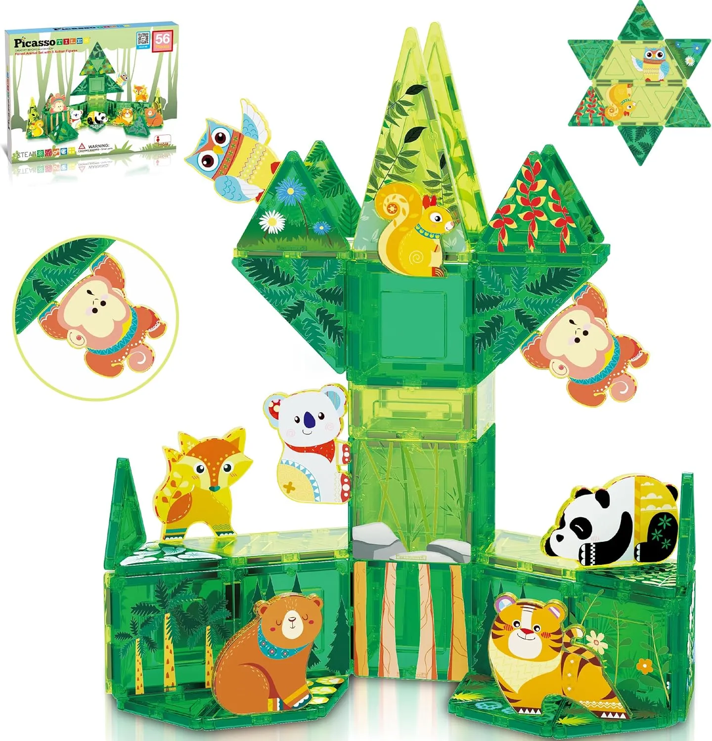 PicassoTiles Magnet Tile Building Blocks Forest Animal Theme Toy Set with 8 Character Action Figures Educational STEM Learning Construction Kit Pretend Play Magnetic Tiles Preschool Kids Ages 3  PTQ16