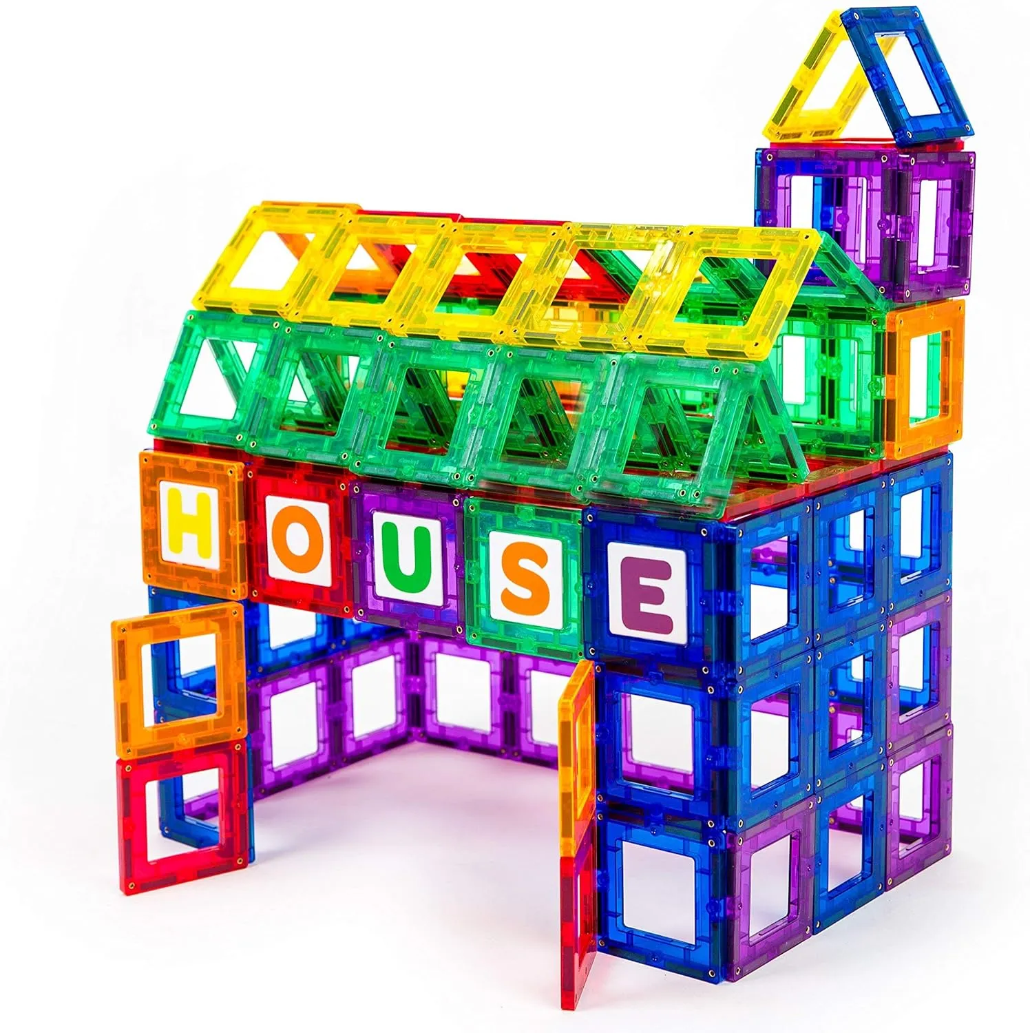 Playmags Magnetic Tile Building Set: Exclusive Educational Clickins – 80-Pc. Kit: 40 Super Strong Clear Color Magnet Tiles Windows & 40 Letters & Numbers – Stimulate Creativity & Brain Development
