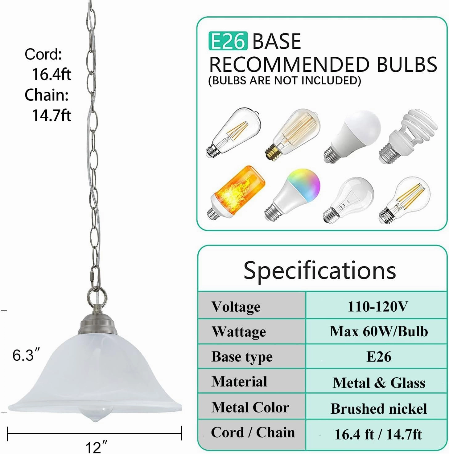 Plug in Pendant Light Alabaster Glass Shade Hanging Lamp with On/Off Switch,16.4Ft Cord & 14.7Ft Chain Dimmable Brushed Nickel Swag Light Fixture for Kitchen Sink Bar Nook Farmhouse