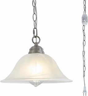 Plug in Pendant Light Alabaster Glass Shade Hanging Lamp with On/Off Switch,16.4Ft Cord & 14.7Ft Chain Dimmable Brushed Nickel Swag Light Fixture for Kitchen Sink Bar Nook Farmhouse