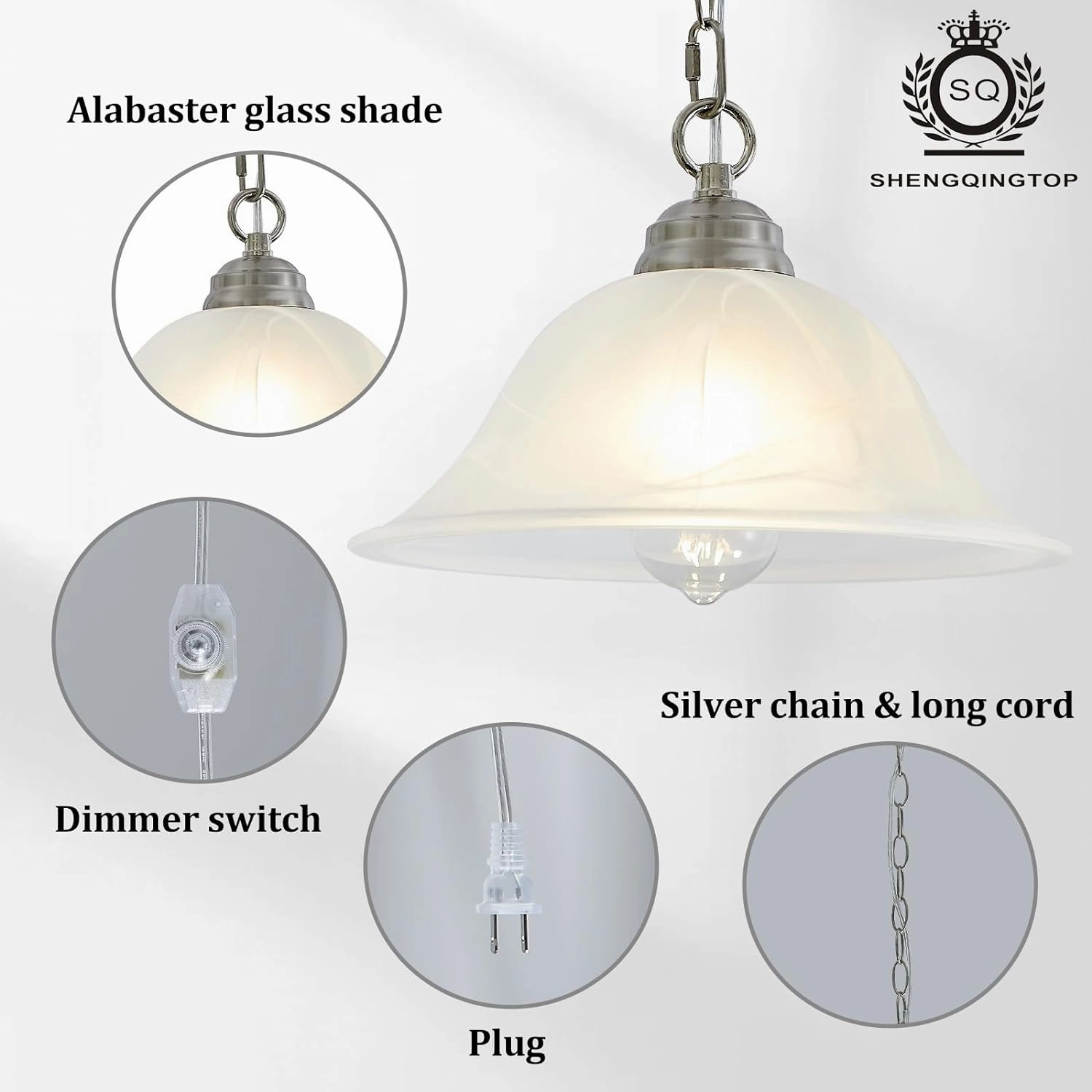 Plug in Pendant Light Alabaster Glass Shade Hanging Lamp with On/Off Switch,16.4Ft Cord & 14.7Ft Chain Dimmable Brushed Nickel Swag Light Fixture for Kitchen Sink Bar Nook Farmhouse