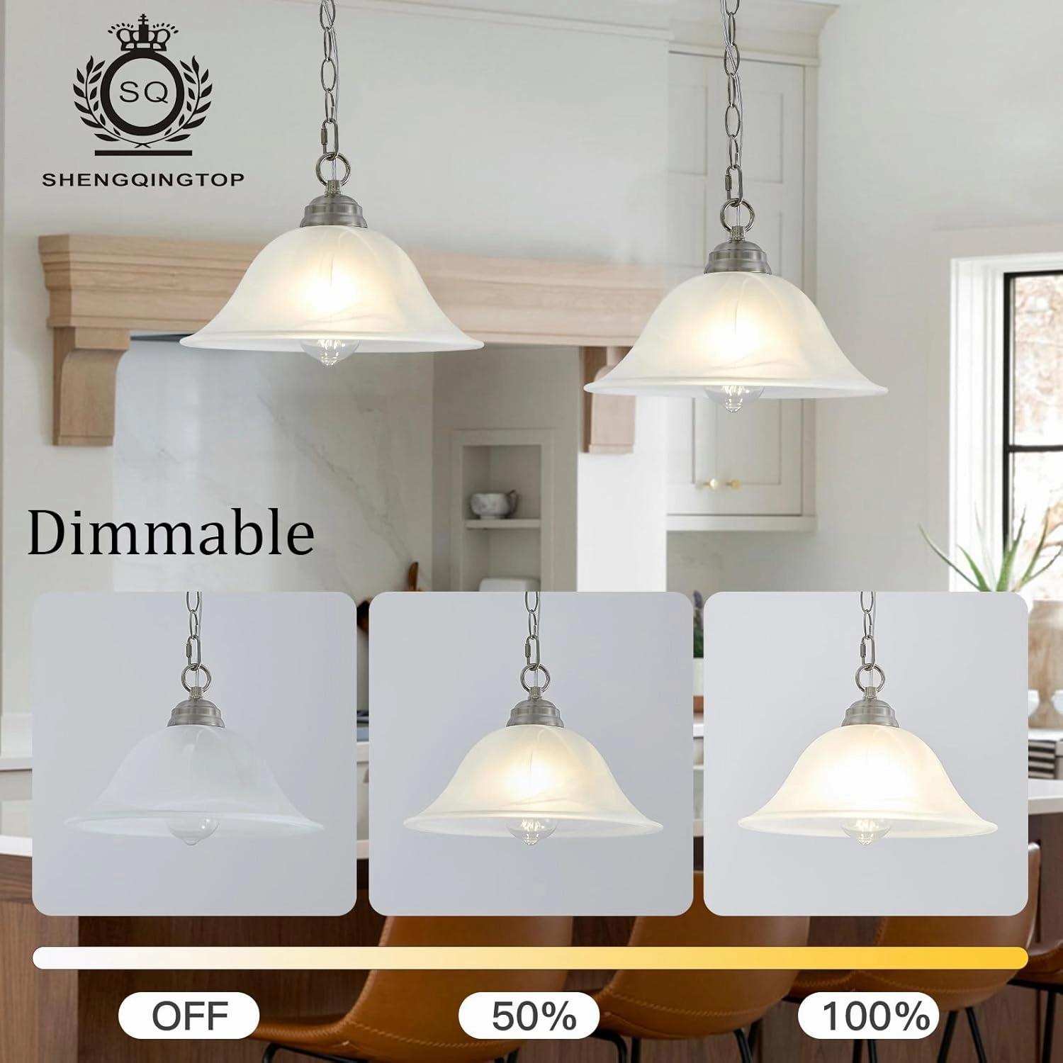 Plug in Pendant Light Alabaster Glass Shade Hanging Lamp with On/Off Switch,16.4Ft Cord & 14.7Ft Chain Dimmable Brushed Nickel Swag Light Fixture for Kitchen Sink Bar Nook Farmhouse