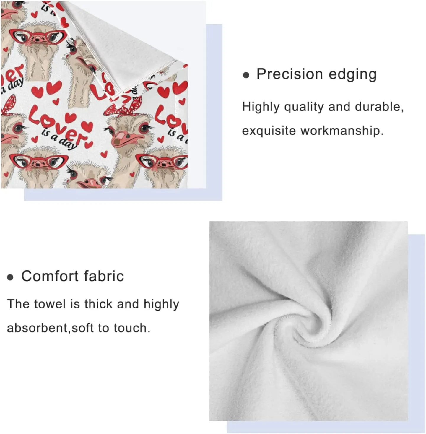 Poeticcity Seamless Ostriches with Red Glasses Hairpins Lover is a Day Set of 3 Highly Soft Absorbent Cotton Towels, 1 Bath Towel, 1 Hand Towel, 1 Face Washcloth for Spa Bathroom Hotel Kitchen Gym