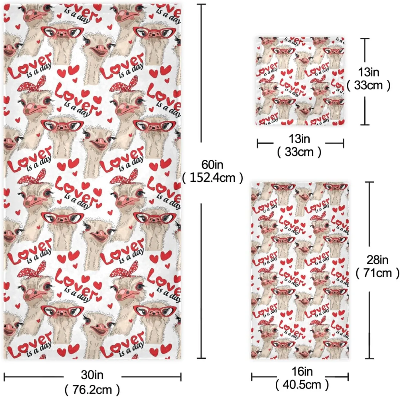 Poeticcity Seamless Ostriches with Red Glasses Hairpins Lover is a Day Set of 3 Highly Soft Absorbent Cotton Towels, 1 Bath Towel, 1 Hand Towel, 1 Face Washcloth for Spa Bathroom Hotel Kitchen Gym
