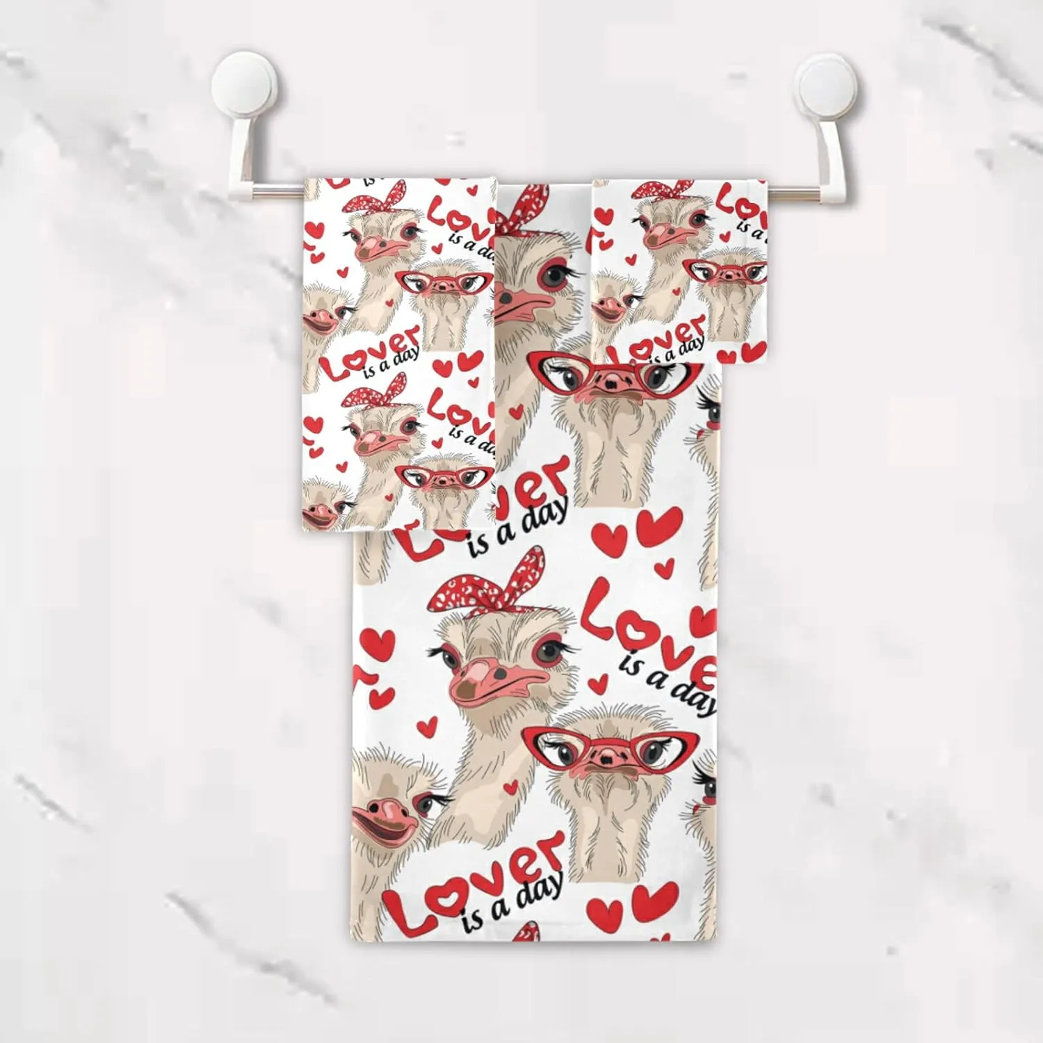 Poeticcity Seamless Ostriches with Red Glasses Hairpins Lover is a Day Set of 3 Highly Soft Absorbent Cotton Towels, 1 Bath Towel, 1 Hand Towel, 1 Face Washcloth for Spa Bathroom Hotel Kitchen Gym