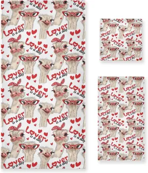 Poeticcity Seamless Ostriches with Red Glasses Hairpins Lover is a Day Set of 3 Highly Soft Absorbent Cotton Towels, 1 Bath Towel, 1 Hand Towel, 1 Face Washcloth for Spa Bathroom Hotel Kitchen Gym