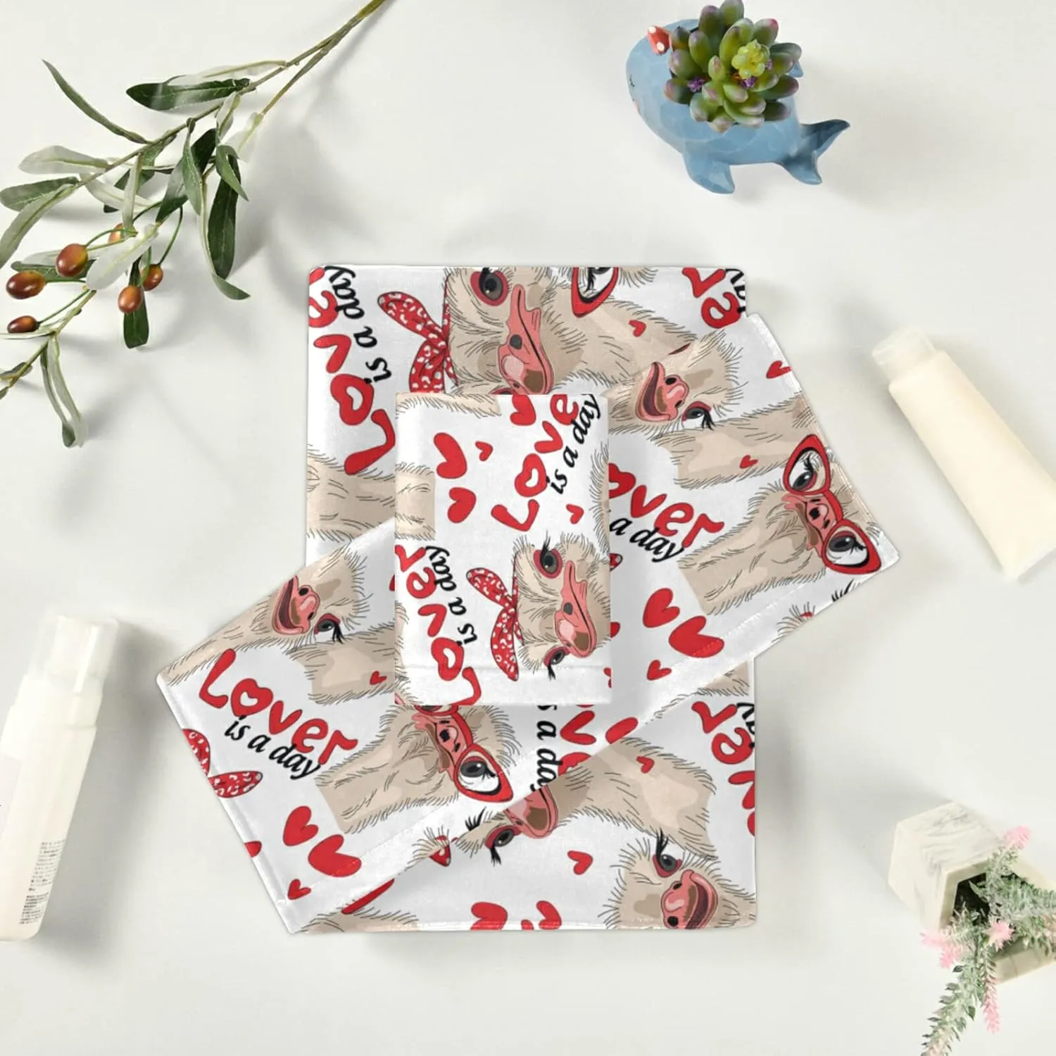 Poeticcity Seamless Ostriches with Red Glasses Hairpins Lover is a Day Set of 3 Highly Soft Absorbent Cotton Towels, 1 Bath Towel, 1 Hand Towel, 1 Face Washcloth for Spa Bathroom Hotel Kitchen Gym