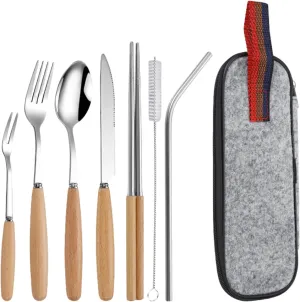 Portable Camping Kitchen Utensil Set, 8pcs Stainless Steel Camping Accessories Cooking, Wooden Handle Camp Kitchen Accessories & Organizer, Camping Equipment, Camping Tools & Stuff (Black)