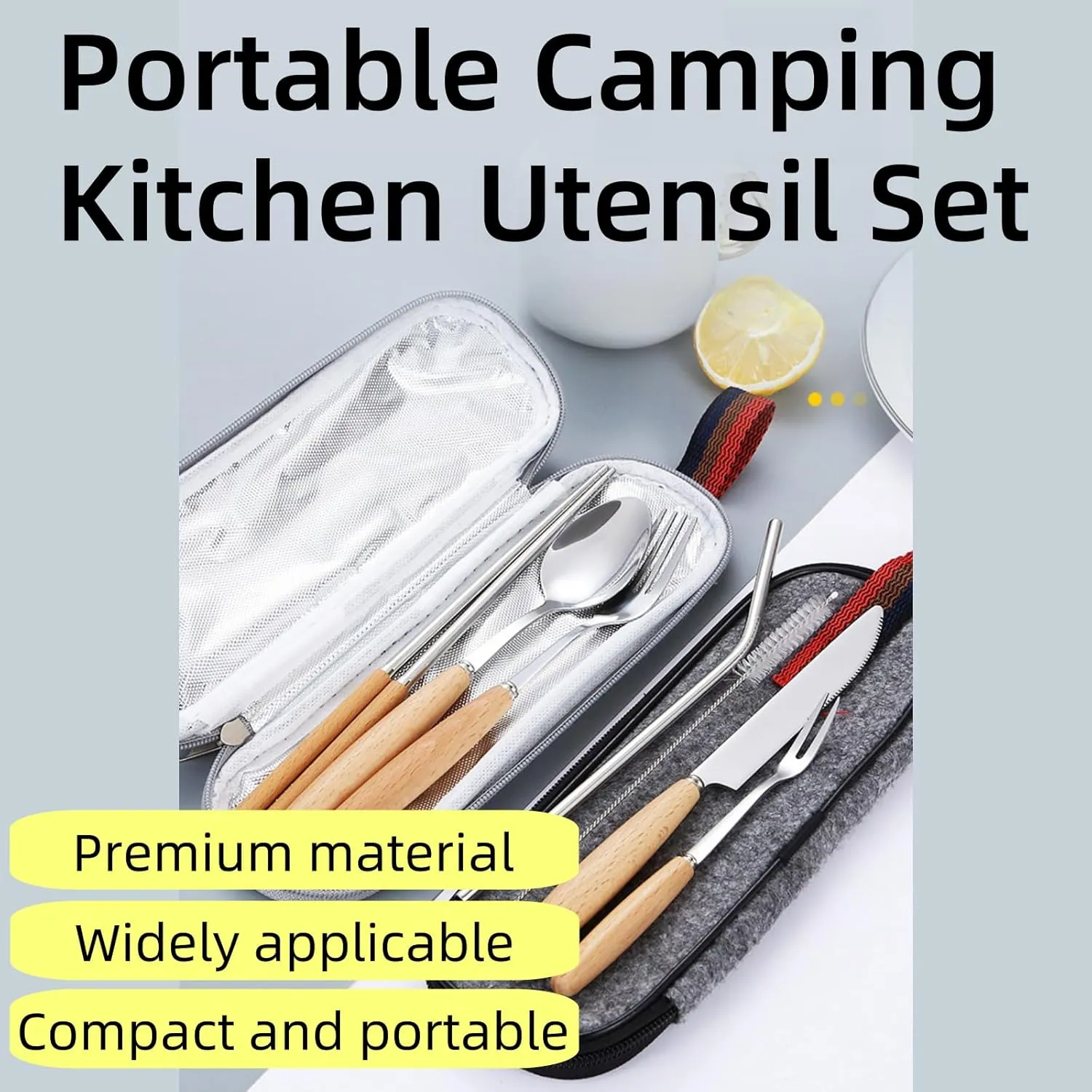 Portable Camping Kitchen Utensil Set, 8pcs Stainless Steel Camping Accessories Cooking, Wooden Handle Camp Kitchen Accessories & Organizer, Camping Equipment, Camping Tools & Stuff (Black)