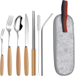 Portable Camping Kitchen Utensil Set, 8pcs Stainless Steel Camping Accessories Cooking, Wooden Handle Camp Kitchen Accessories & Organizer, Camping Equipment, Camping Tools & Stuff (Grey)