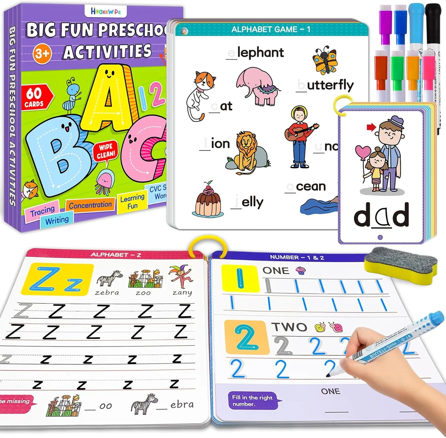 Preschool Learning Activities - Reusable Handwriting Tracing Books for Kids, PreK Kindergarten Workbooks, CVC Word Game, Numbers & Alphabet Educational Learning Toys for 3, 4, 5, 6 Year Old