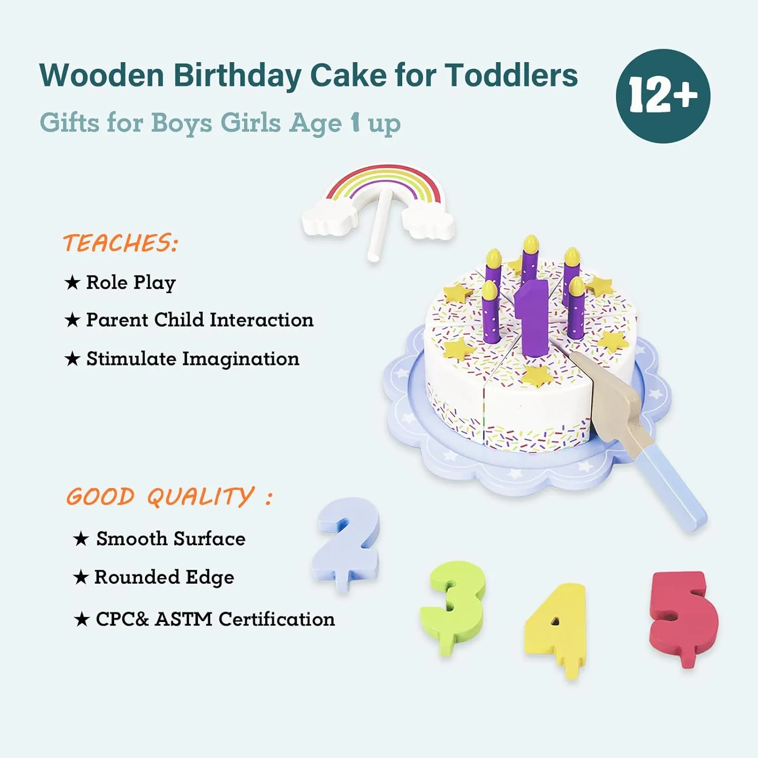 Pretend Play Food for Toddlers 1-3,Wooden Birthday Fake Cake with Candles and Numbers,Tea Party Learning Kitchen Gift Toys for Boys Girls (Rainbow Cake)