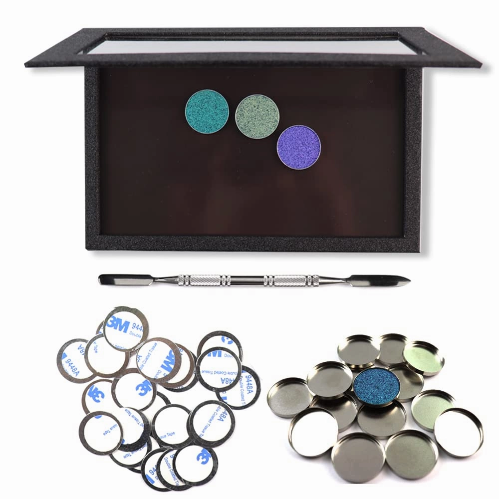 Professional Empty Makeup Magnetic Palette Set with 20 Adhesive Metal Stickers and 20 Empty Round Metal and 1 Depotting Spatula blush for powder and foundation (Black)