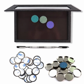 Professional Empty Makeup Magnetic Palette Set with 20 Adhesive Metal Stickers and 20 Empty Round Metal and 1 Depotting Spatula blush for powder and foundation (Black)