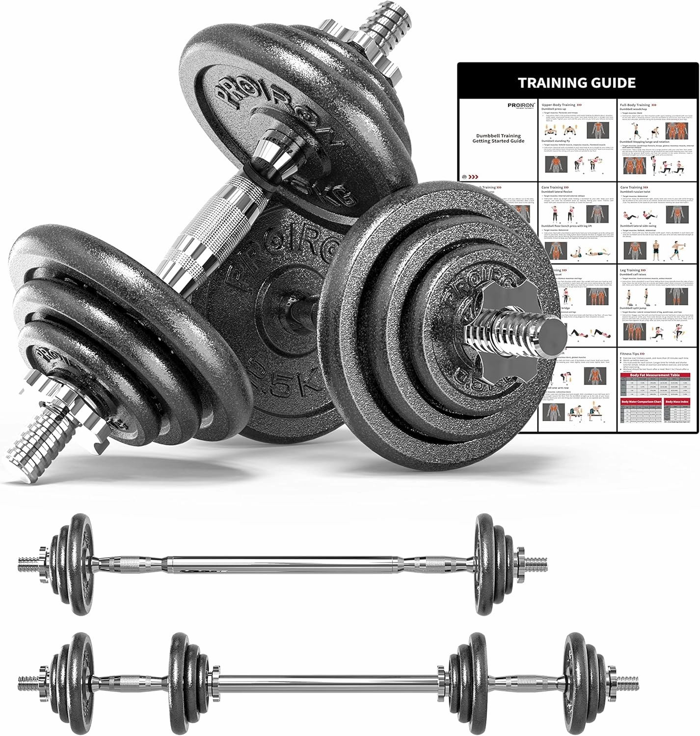 PROIRON 44Lbs Cast Iron Adjustable Dumbbell Set Hand Weight with Solid Dumbbell Handles Changed into Barbell Handily Great for Bodybuilding Fitness Weight Lifting Training Home Gym