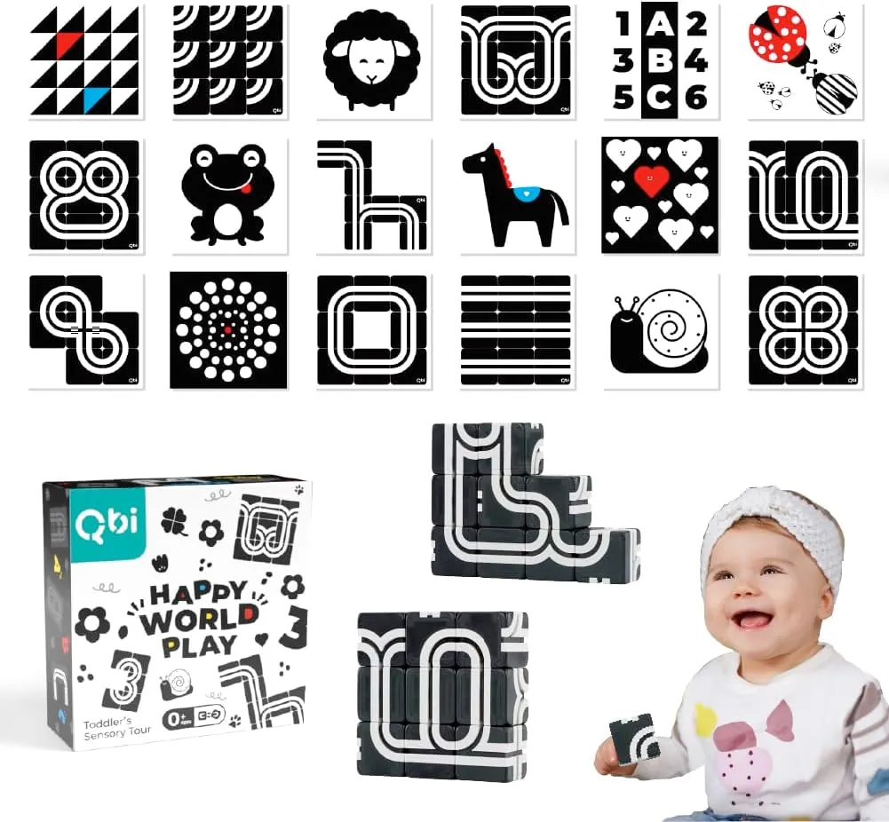 QBI Magnetic Baby Toys 0-6-12 Months | Black and White Baby Cards Newborn Toys High Contrast Flashcards & Magnetic Cubes | Visual Stimulation Montessori | Baby Essentials (9 Pieces)