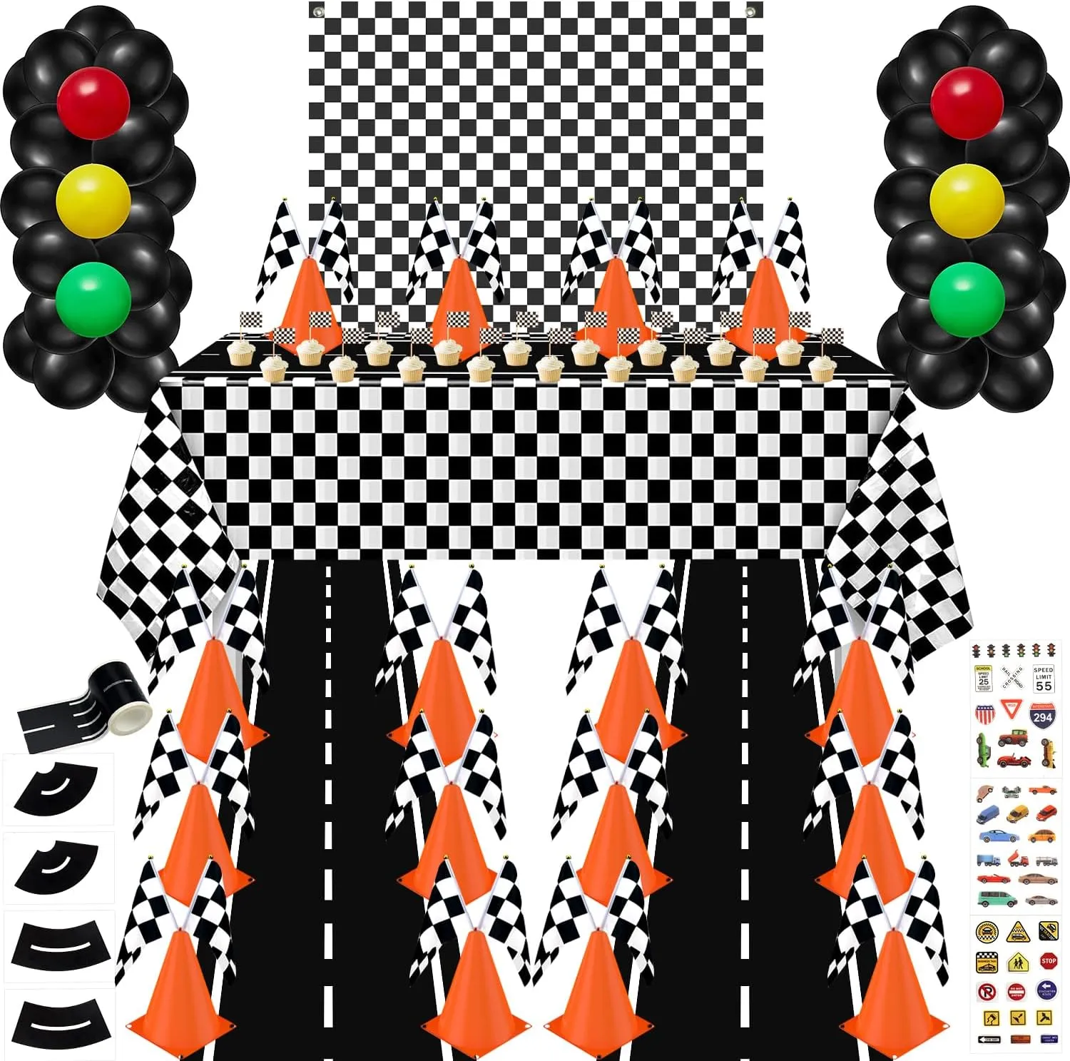 Race Car Party Supplies - 12 Traffic Cones With Holes on Top, 24 Checkered Flags, Checkered Race Car Party Tablecloth, Wheel Tire Balloons, Racetrack Floor Running Mat for Racing Party Decorations