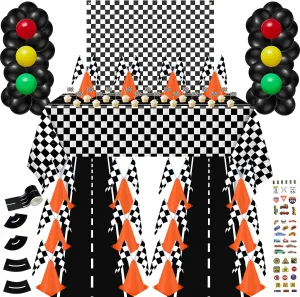 Race Car Party Supplies - 12 Traffic Cones With Holes on Top, 24 Checkered Flags, Checkered Race Car Party Tablecloth, Wheel Tire Balloons, Racetrack Floor Running Mat for Racing Party Decorations