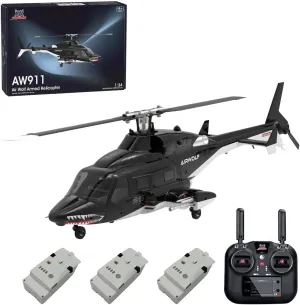 RC Brushless Helicopter-WOLFBUSH AW-911 Wolf 1/34 Scale 2.4G 9CH Flybarless RC Plane Model with 6G/3D Stunt Mode and GPS Positioning,Gift for Adults,Three-Battery Version