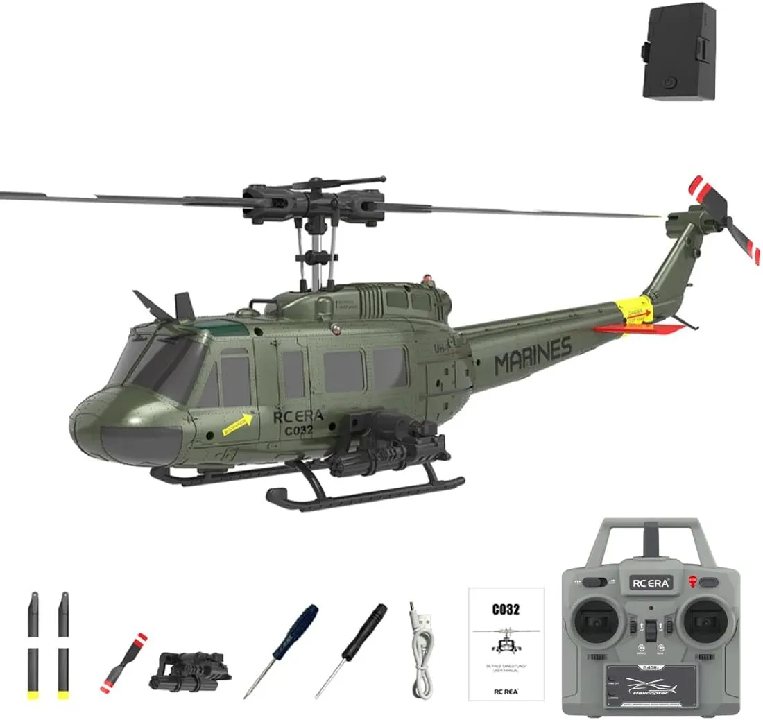 RC ERA C032 UH-1 Huey 6CH Helicopter for Adults, 1/48 Scale RC Helicopter Brushless with 6-Axis Gyroscope Stabilization, with Altitude Hold & 3D Inverted Flight, 1 Battery