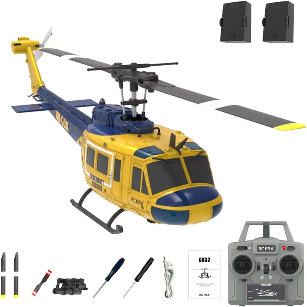 RC ERA C032 UH-1 Huey 6CH Helicopter for Adults, 1/48 Scale RC Helicopter Brushless with 6-Axis Gyroscope Stabilization, with Altitude Hold & 3D Inverted Flight, 2 Battery