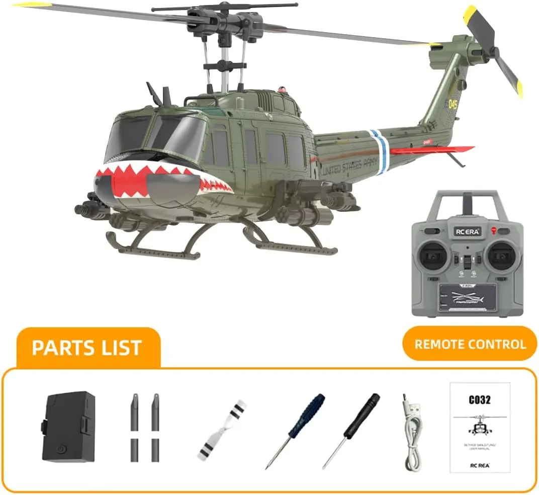 RC ERA C032 UH-1 Huey RC Helicopter Toys for Adults, 1/48 Scale 2.4G 6CH Stabilized Aircraft 6-Axis Gyro Brushless Flybarless Helicopter for Adults Beginner - Shark Mouth/1 Battery